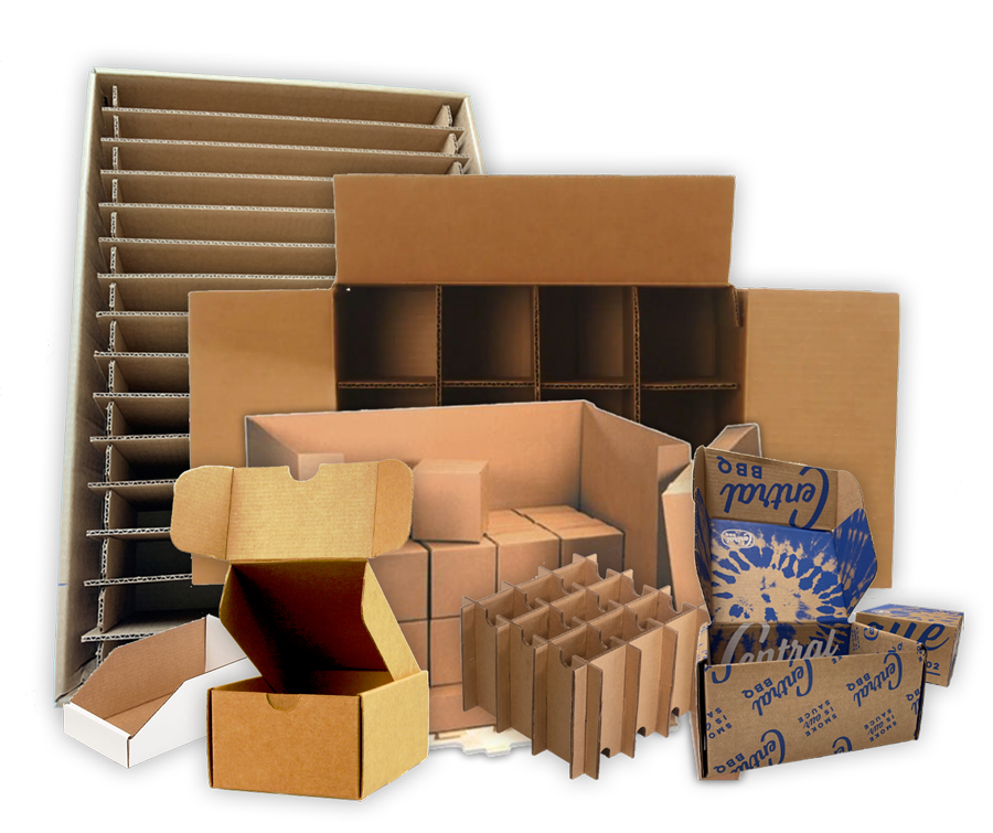 various boxes and pieces of corrugated packaging