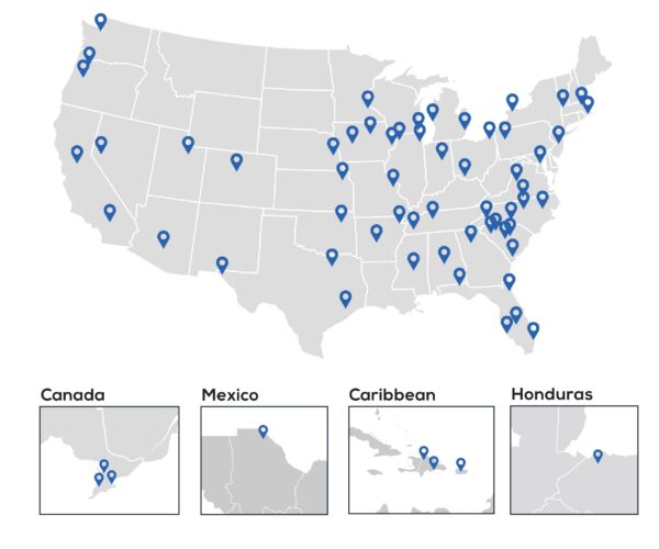 Map showing New Tech Packaging service area in US