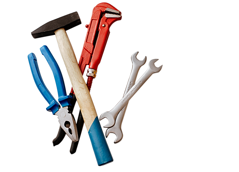 collage image of wrenches, pliers and a hammer